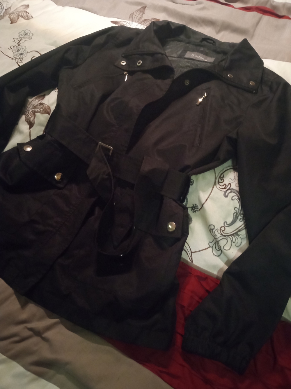 Liz Claiborne Black Zip-Front Belted Jacket
